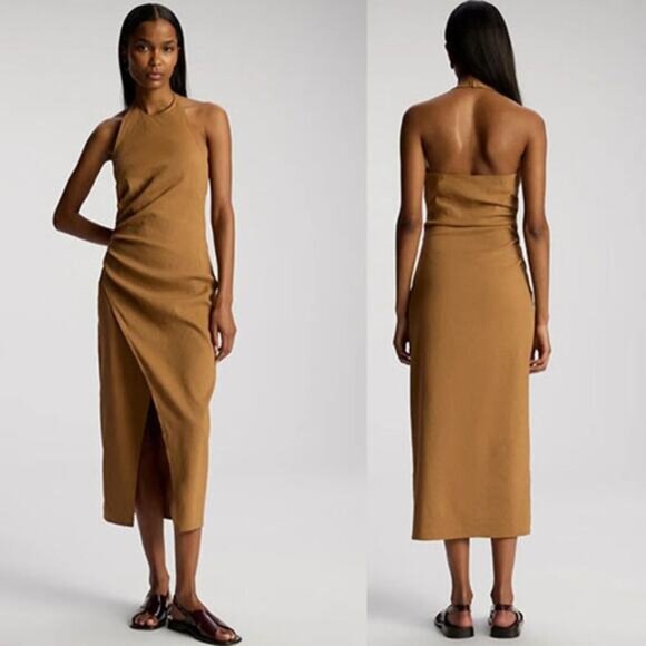 NEW A.L.C. Sylvie Linen Halter-Neckline Asymmetric Pleat Midi Dress Brown Size:2 - Picture 1 of 7